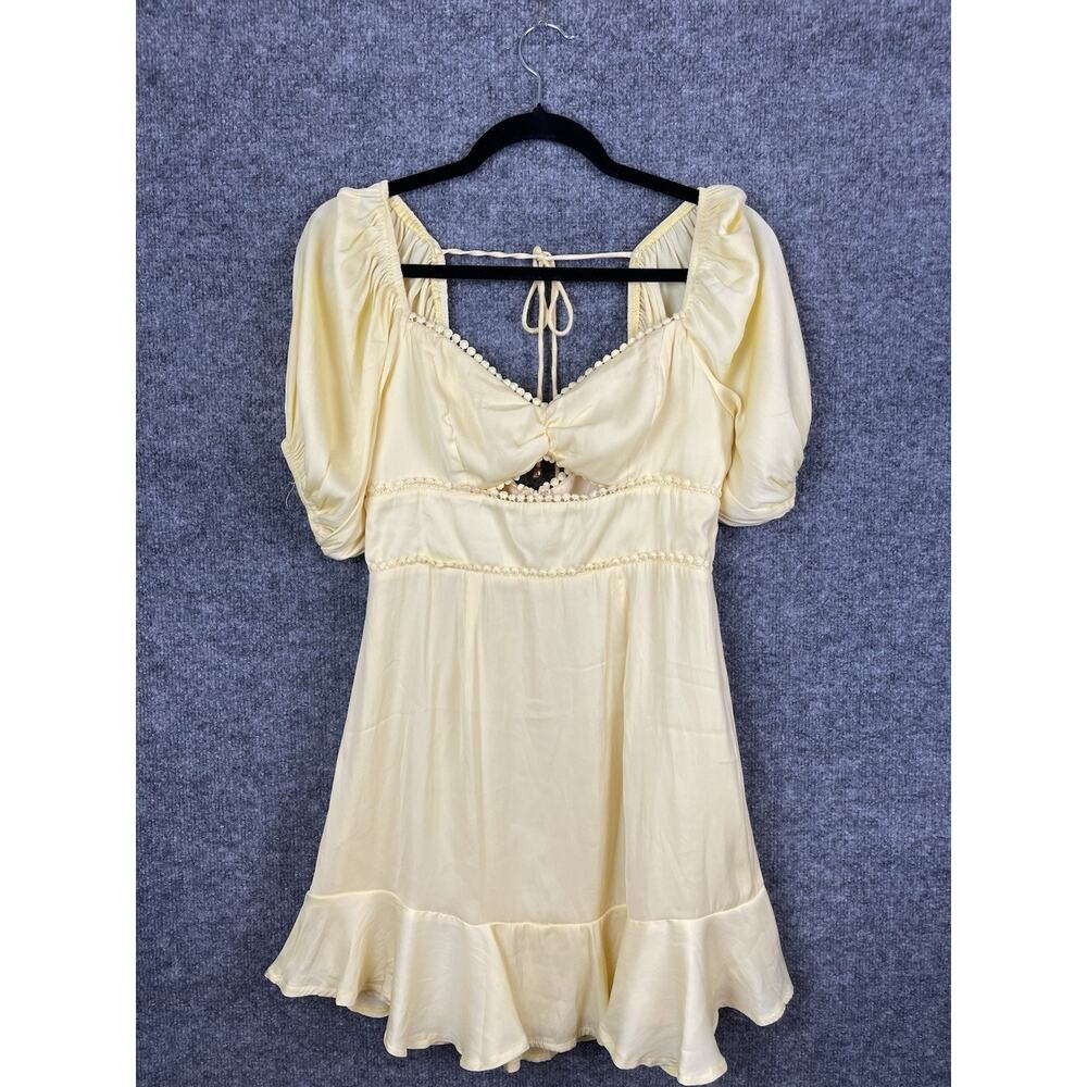Saints and Secrets Jr Yellow Mini Dress Sweetheart Neck Keyhole Puff Sleeve Sz M